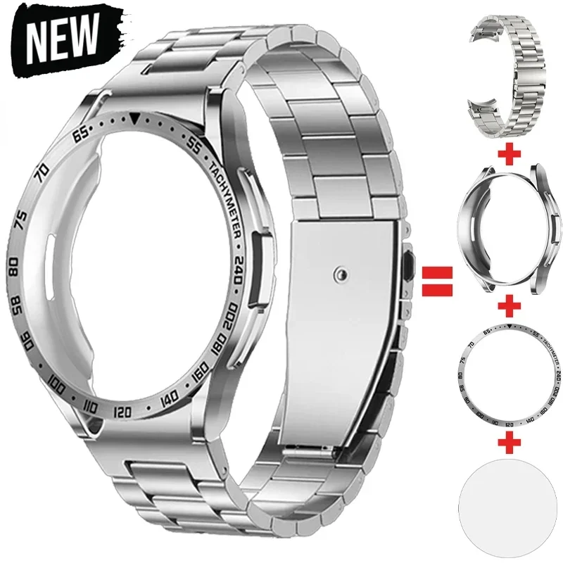 4-in-1 Modification Kit for Samsung Galaxy Watch 6 Classic 47mm 43mm Metal Stainless Steel Strap TPU Case Bezel Protective Film