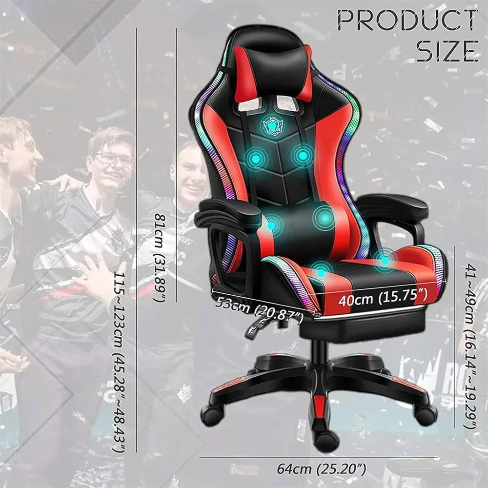 Gaming Chair with Bluetooth Speakers & LED Light, Adjustable Full Massage Lumbar Support and Retractible Footrest, Office Chair