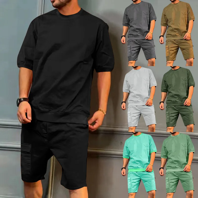 

Men's Casual Sports Wear Short Sleeve Beach Shorts Five-Quarter Length Workwear Multi-Pocket Comfortable Cotton Blend Fabric