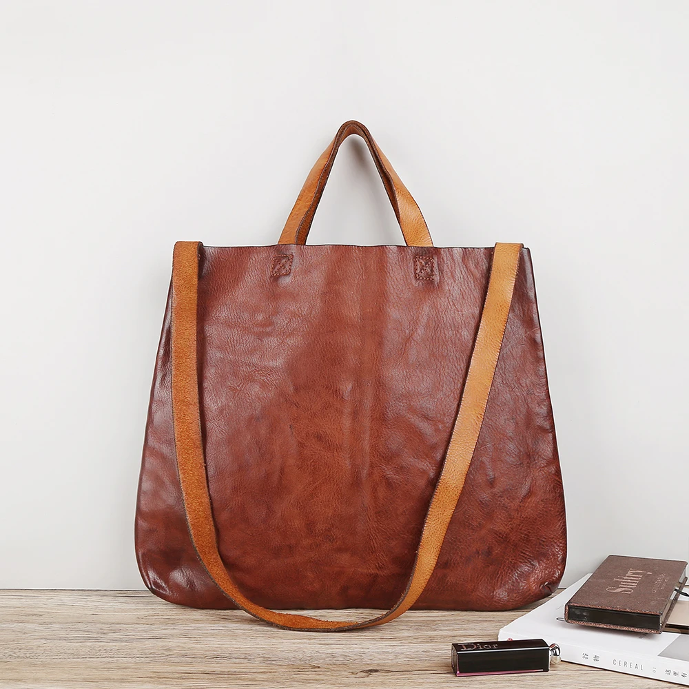 New Genuine Leather Tote Bag For Women Vegetable-Tanned Leather Commuter Large Capacity Shoulder Bag Women Retro Handbag