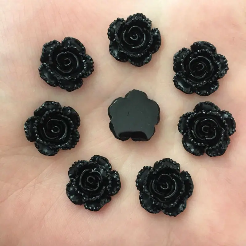 40Pcs 14mm Resin Black Rose Flatback Flower Stone Gems Scrapbook Wedding Ornaments Applique Crafts DIY SD737