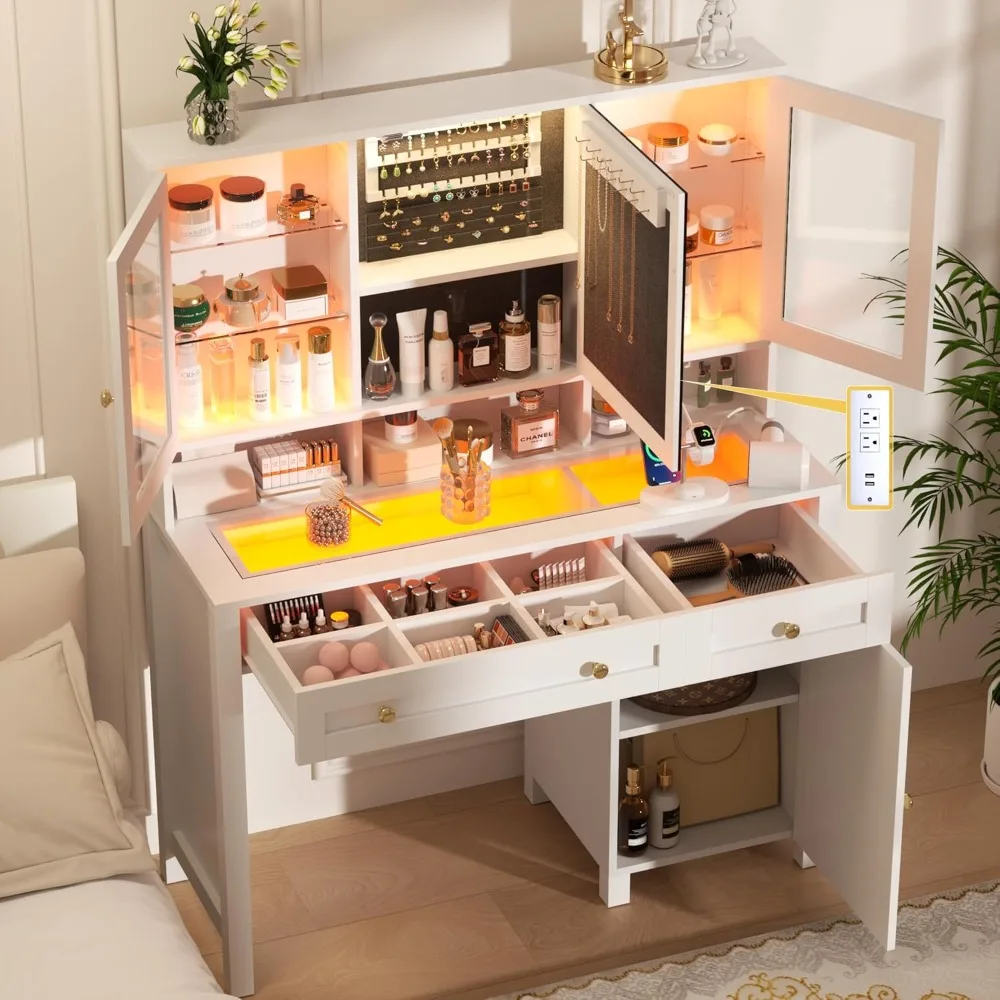 

White Makeup Vanity Desk with LED Mirror and RGB Lights and Power Outlet, Morden Glass Top Vanity Table with Drawer & Sto