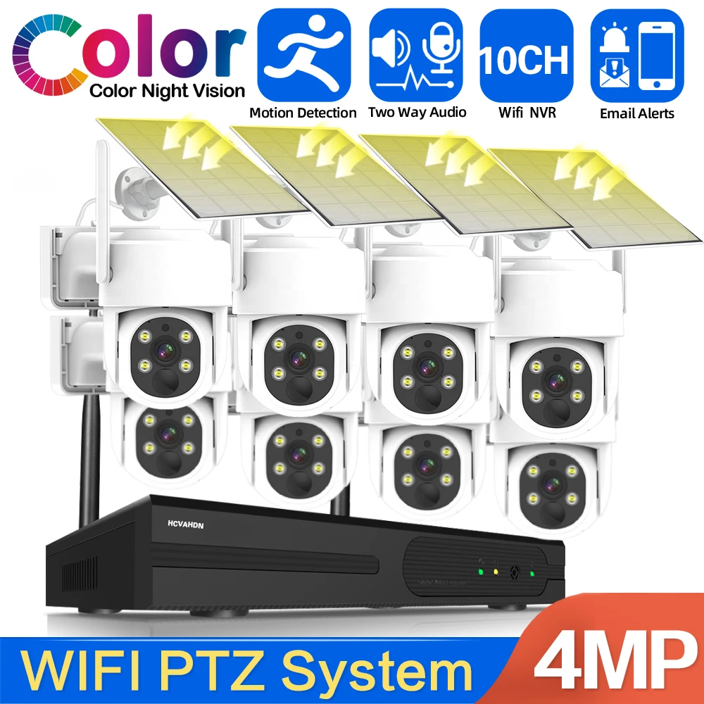 Wire-Free Solar PTZ Home Security Camera System 8CH NVR Kit Wireless 4MP 2 Way Audio Eseecloud Smart WiFi Solar PTZ Camera Kits