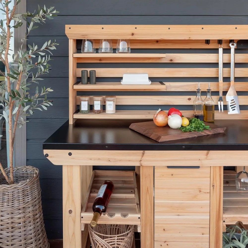 Cedar Wood Buffet Hutch with Galvanized Steel Countertop, Serving Station, Wine Rack, and Glass Holder