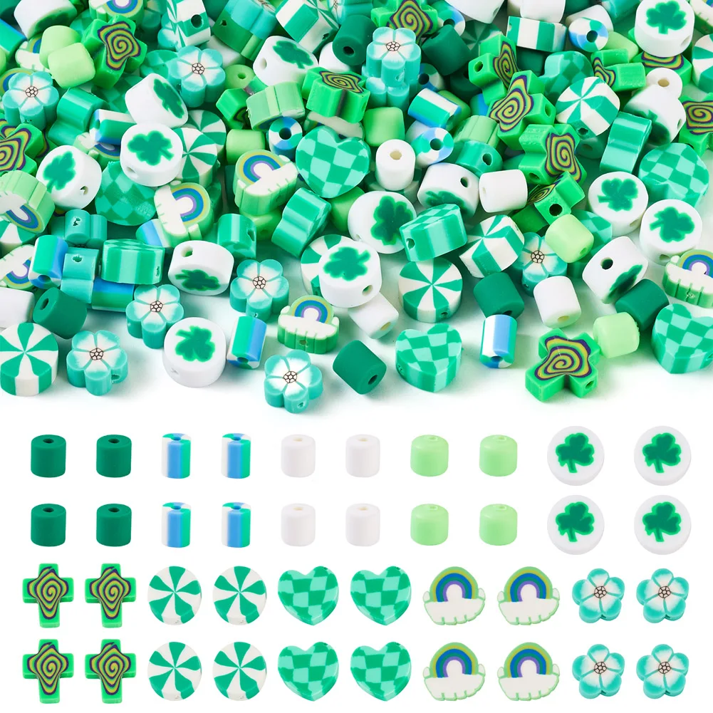 200Pcs Saint Patrick's Day Polymer Clay Beads Spring Green Theme Handmade Loose Bead for Jewelry Making Bracelet DIY Accessories