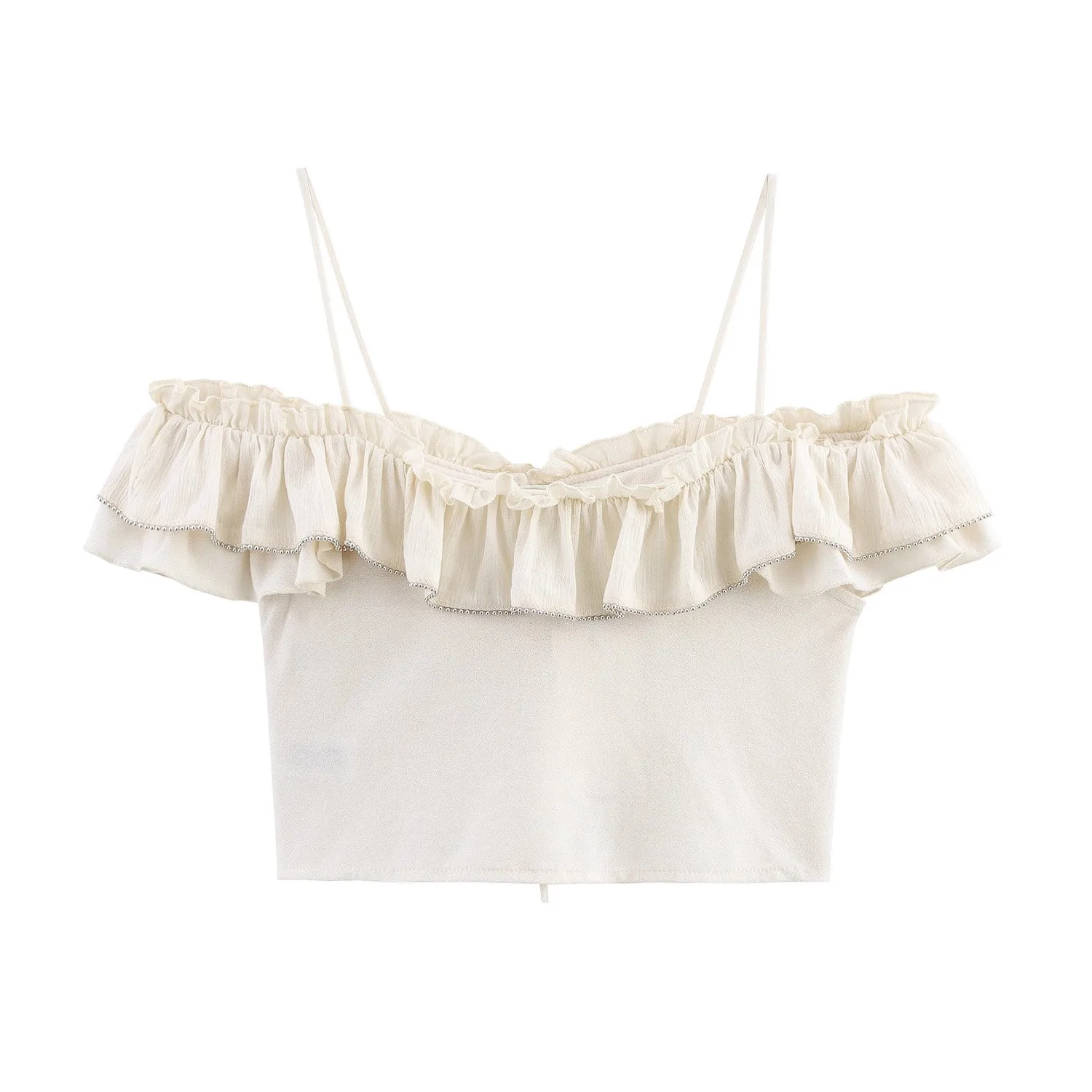

Cleanfit Short Top with Bead Embellishment Straight Collar Shoulder Bared Thin Strap Women's Regular Fit Polyester Fiber