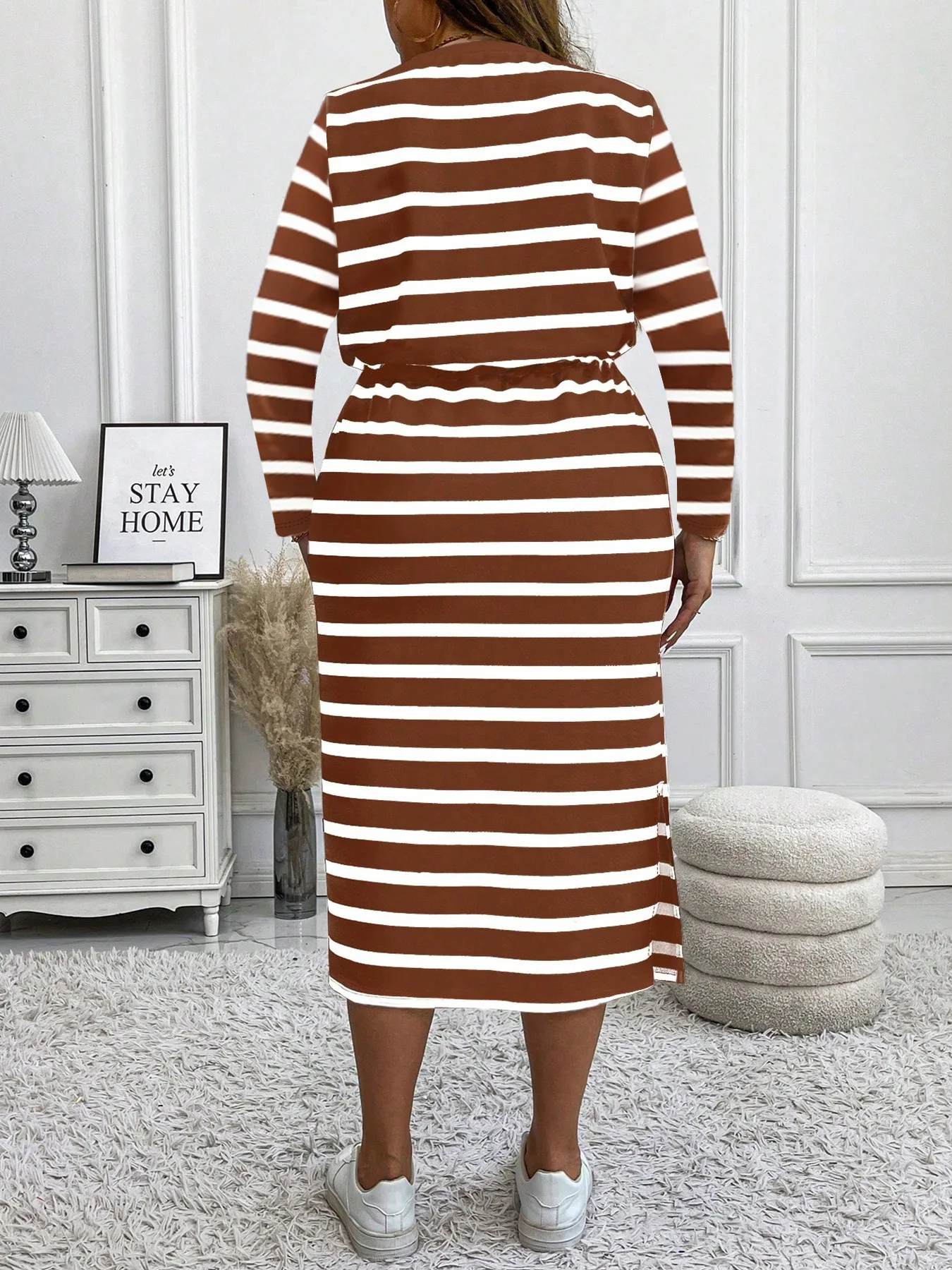 أزياء الخريف والشتاء الاتجاه الجديد فستان كاجوال مريح بشريط أفقي وربطة خصر وأكمام طويلة #6