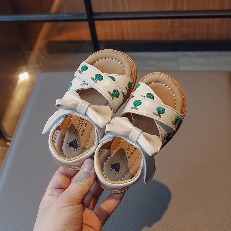 Kids Sandals for Girls Fashion Embroider Style Children Summer Open-toe Beach Shoes Causal Versatile Bowknot Princess Flat Shoes