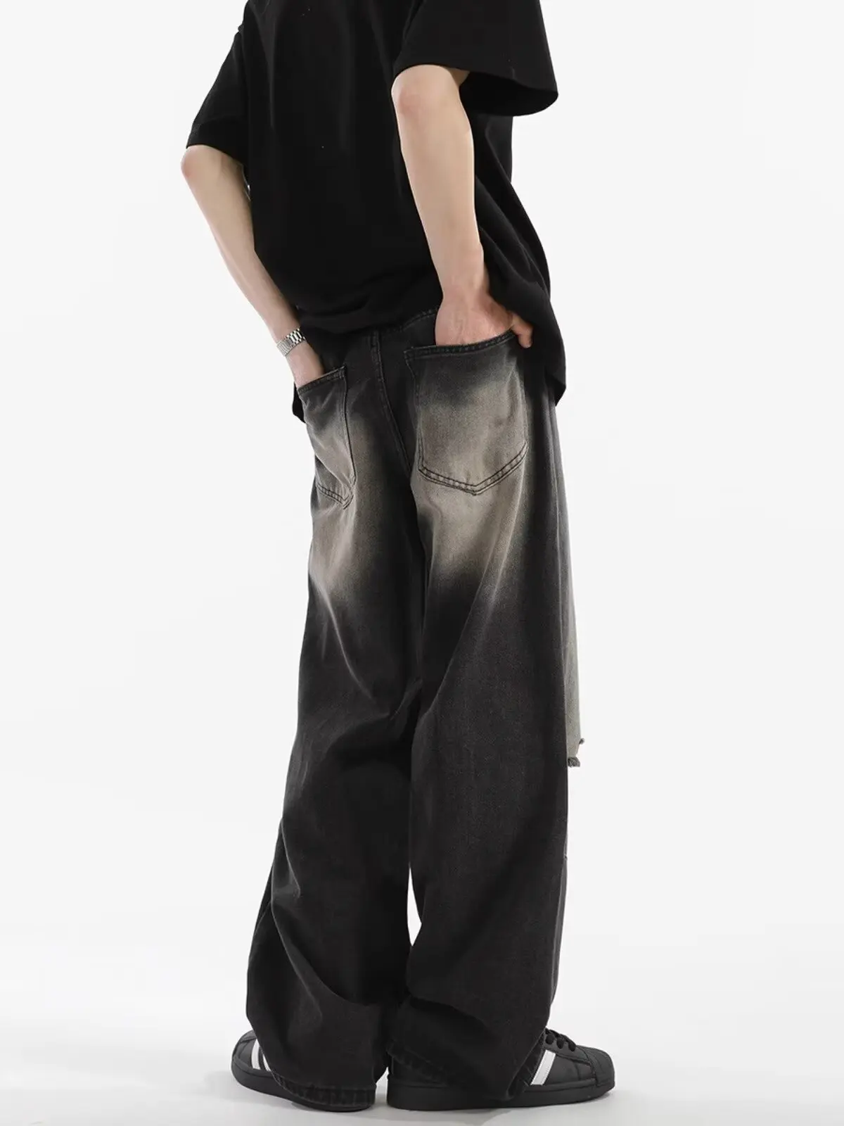 شارع العليا ممزق الجينز الرجال الصيف الصناعة الثقيلة غسلها السراويل المستقيمة شارع العليا أنيق فضفاض واسعة الساقين y2k رجل السراويل