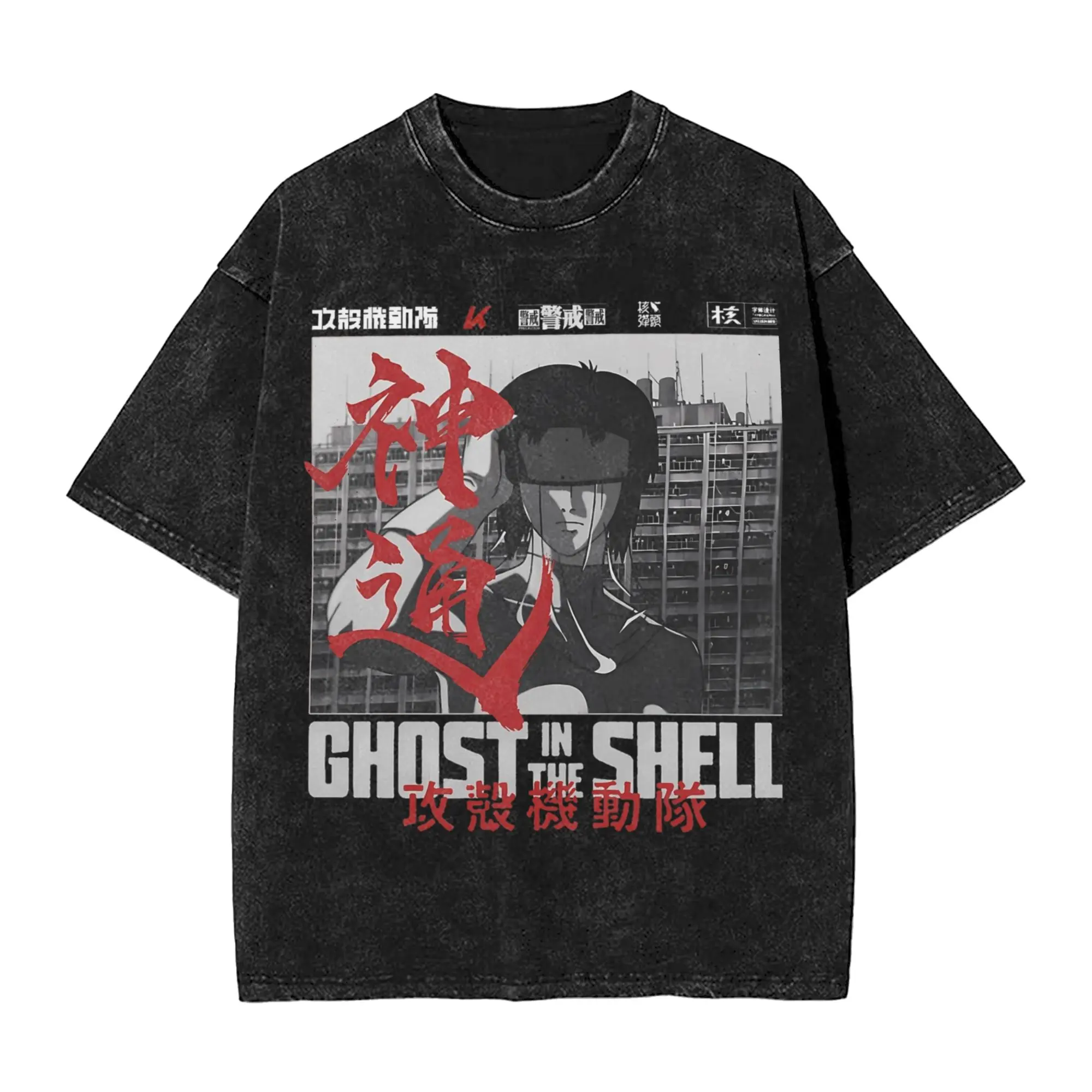 Washed T Shirts Major Motoko Kusanagi Ghost In The Shell Hip Hop Vintage T-Shirts High Street Summer Tops Tees for Men Women