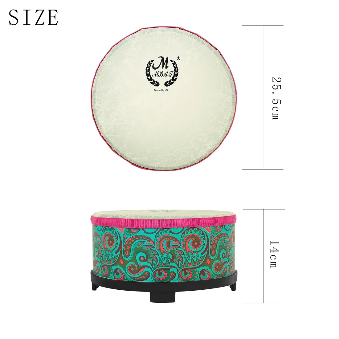 IRIN 10 Inch Ground Drum Alto Drum Sheepskin Solid Wood Orff Percussion Instruments Mid-range Drum Tambourine with Drumsticks