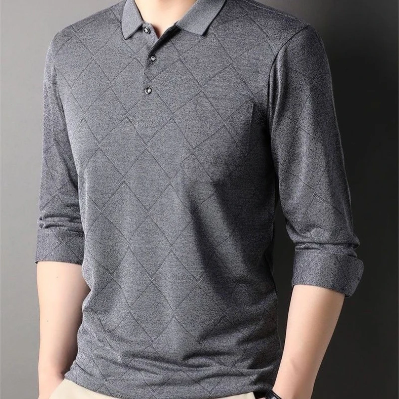 Men's Autumn Lightweight Long Sleeve Polo – Loose Fit Collared Top for Mature Dads