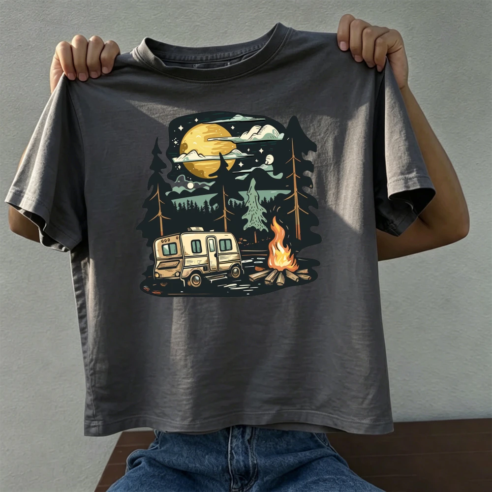 Starry Night Moon Camper Campfire Illustration Men Outdoor Recreation Tee Nature Wilderness Vacation Graphic T Shirt