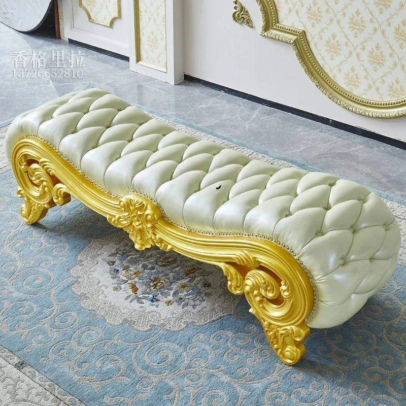 

A44 European leather bedside stool American villa solid wood carving flower master bedroom, bedside sofa gold bench