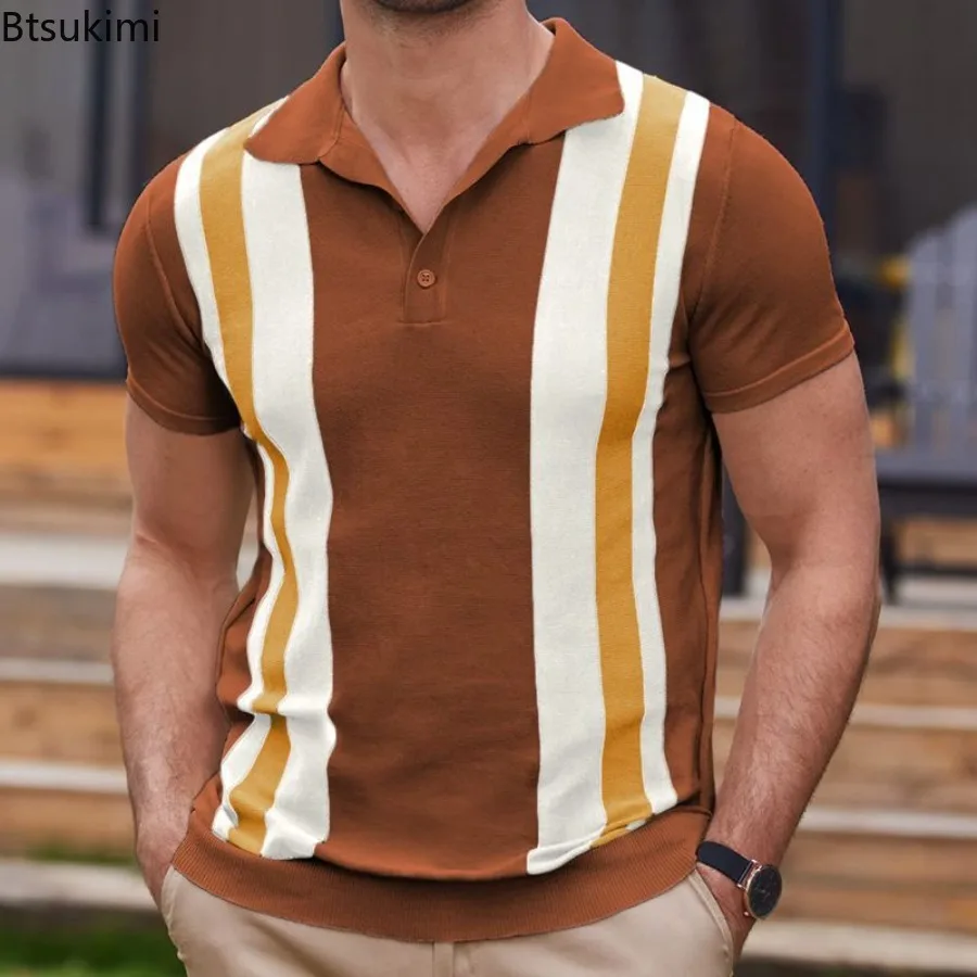 

High Quality Summer Knit Short Sleeve Shirts for Men Luxury Jacquard Striped Business Casual Polo Shirts Male Knitwear Golf Wear