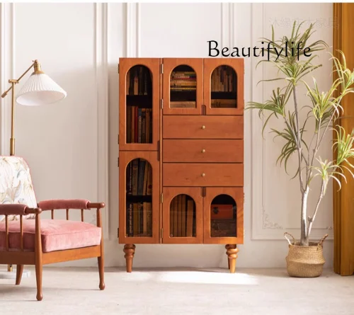 

French Retro Solid Wood Bookcase Living Room Light Luxury Sofa Side Cabinet Sideboard Cabinet Storage Locker