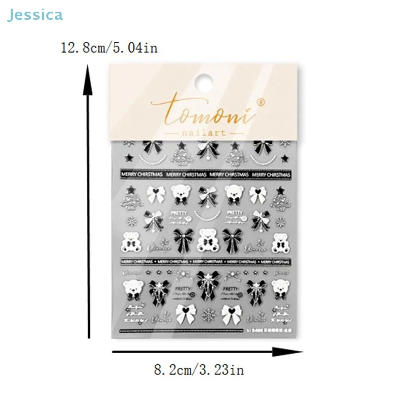 ♥ ملصقات فنية للأظافر باللونين الأسود والفضي لعيد الميلاد - شارات لامعة ثلاثية الأبعاد على شكل فيونكة/دب/ندفة الثلج لتقليم العطلات #6