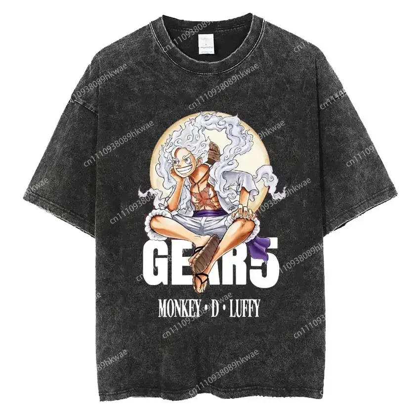 One Piece  Men Cotton T-shirt Streetwear Washed Black Oversized Short Sleeve Casual Daily Wear Roronoa Zoro Wanted Poster