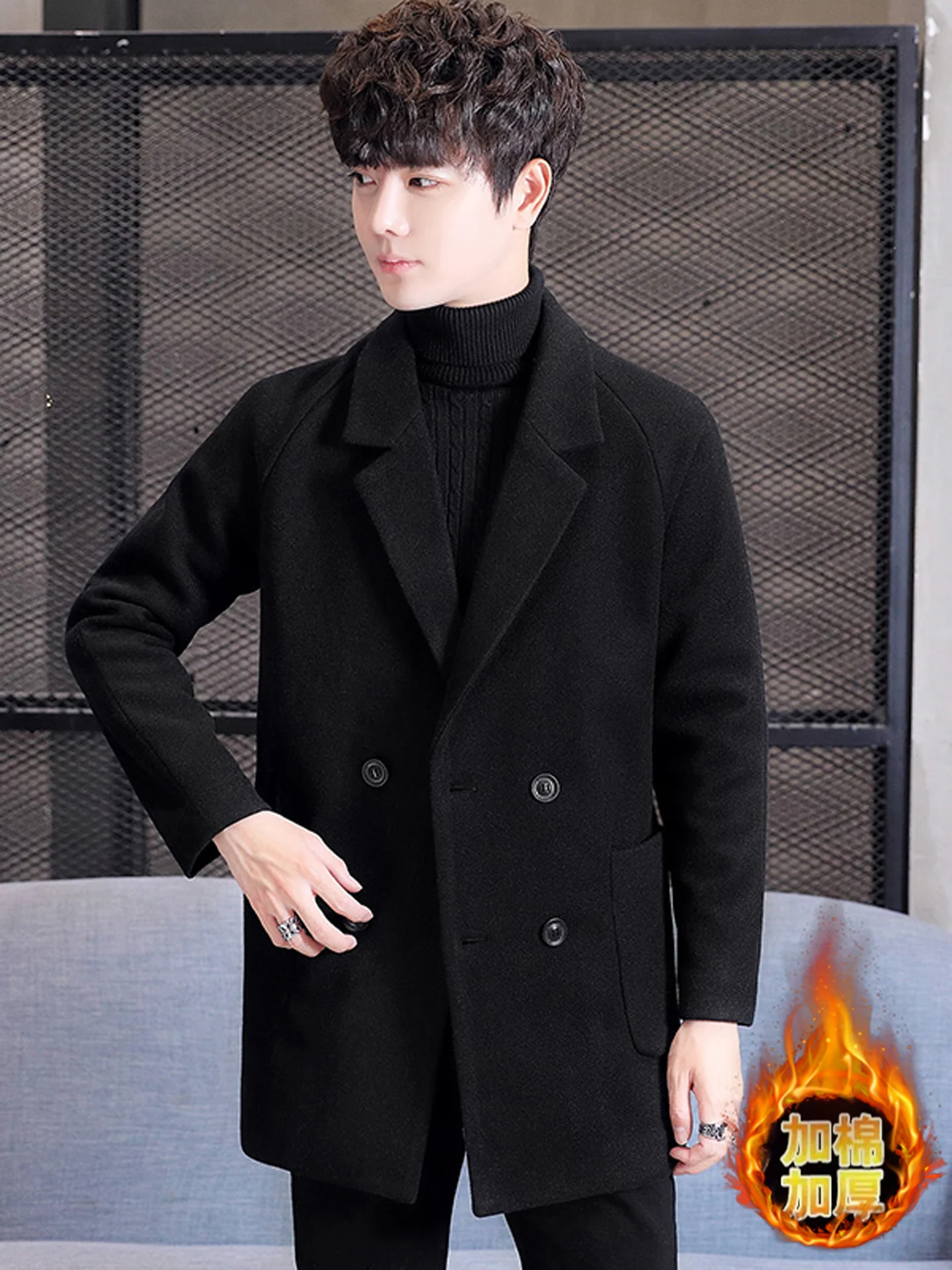 

Мужское зимнее утепленное шерстяное пальто, двубортный тренч, приталенный крой, модный городской стиль, смесь хлопка и полиэстера, длинное, S-размер