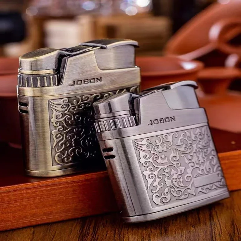 JOBON Embossed Butane Gas Lighter Jet Metal Windproof Torch Cigarette Cigar Lighter Retro Press Ignition Smoking Accessories view 2