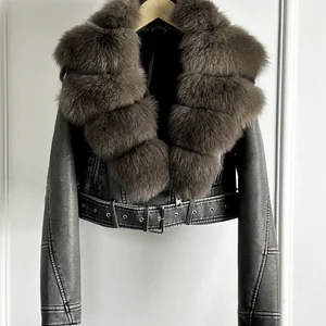 نسائي خمر بو جلد جاكيت قصير مع حزام نسائي ملابس الشارع معطف ريترو بسحاب ثعلب حقيقي فرو طوق كبير ملابس خارجية 2022 أعلى 8 مبيعات معطف فرو الثعلب الحقيقي - رقم 4