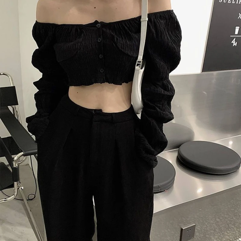 Zwarte Shirts Vrouwen Lange Mouw Crop Tops High Street Sexy Minimalistische Elegante Lente Y2k Kleding Slanke Ulzzang Esthetische Camisas