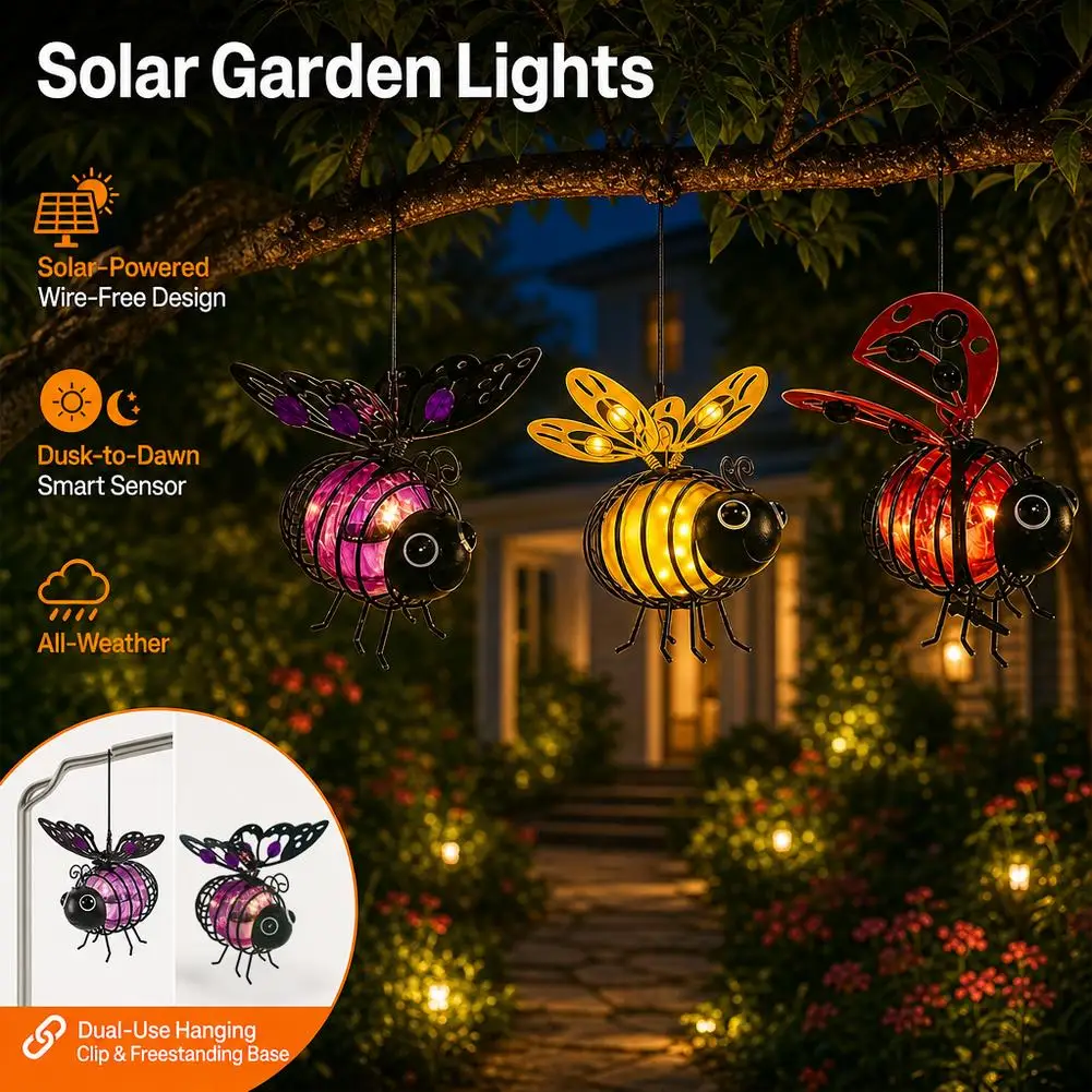 Solar Hanging Garden Lights Iron Bee Ladybug Butterfly Shape LED Fairy Light Auto On/Off Outdoor Yard Patio Tree Decoration Lamp