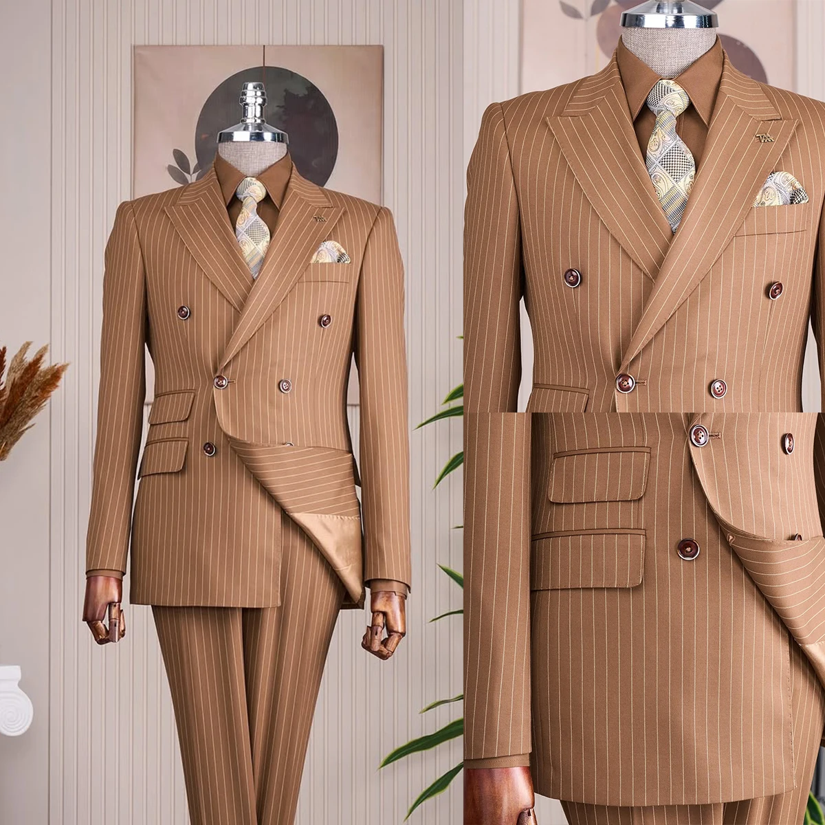 

Business Men Suits Tailor-Made 2 Pieces Striped Coat Pants Slim Fit Tuxedo Jacket Coat Groom Wedding Groom Prom Formal Tailored