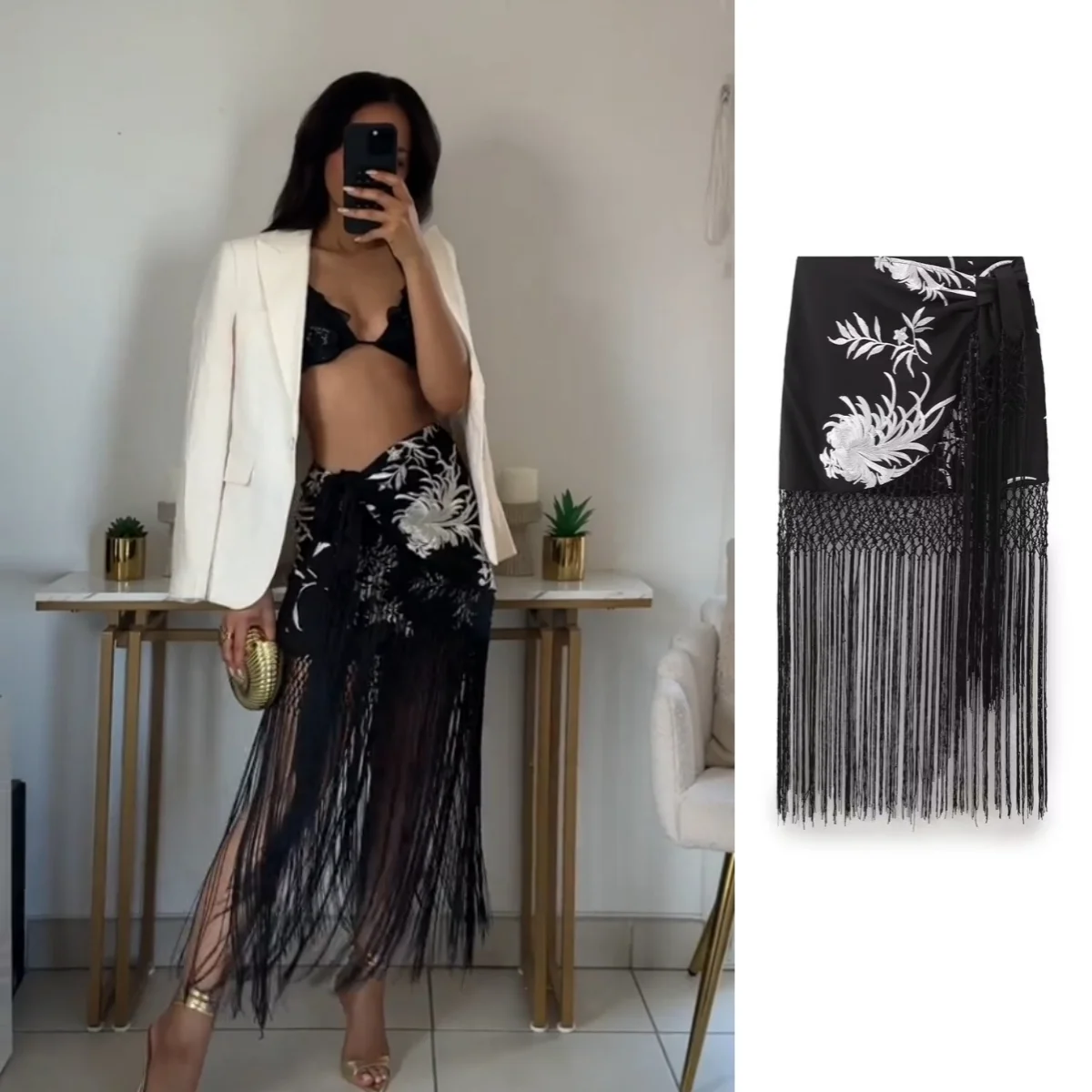 

Taop&Za women's 2024 summer new style casual high waisted slim fit embroidered design tassel skirt 3183/2001