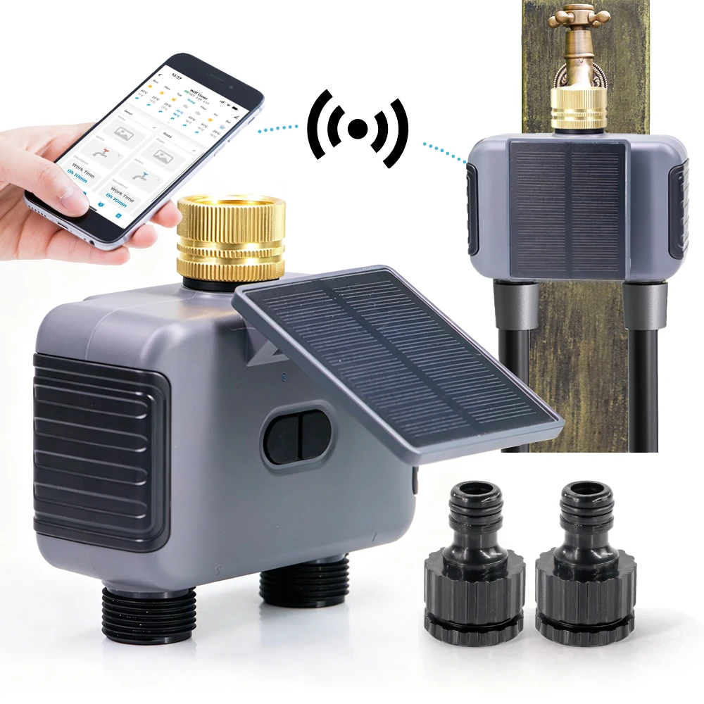 Tuya Solar Wifi 2-Zone Garden Timer NPT/BSP 2-Way Smart Irrigation Controller IP55 APP Remote Control Watering Solenoid Valves