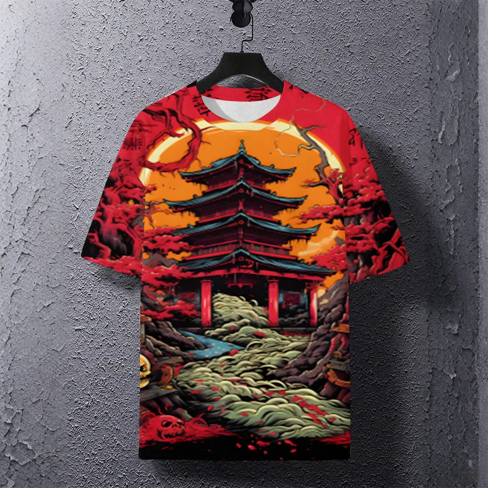 

Japanese Pagoda Graphic Tee - Red/Orange Dark Fantasy T-Shirt, Streetwear Asian Culture Top with Skull Art for Men & Women