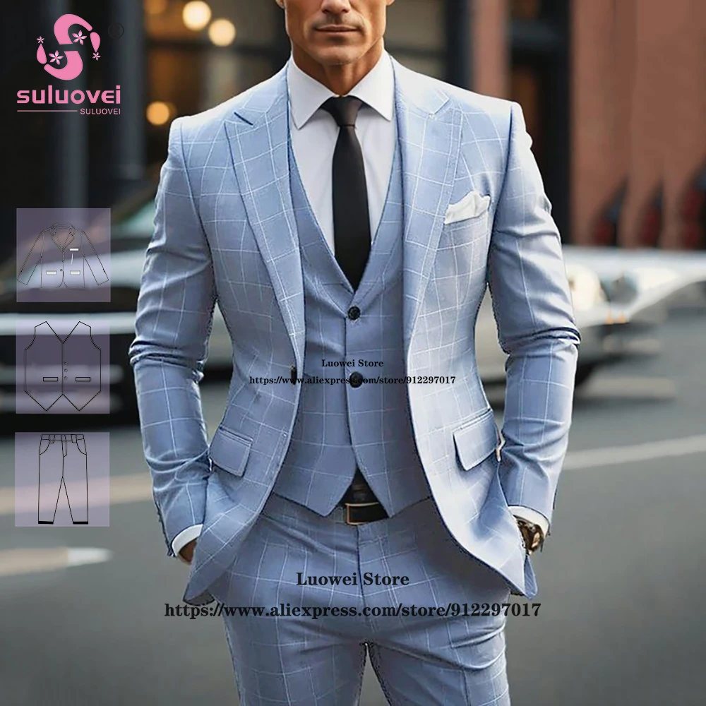 

Fashion Light Blue Plaid Suits For Men Elegant Slim Fit 3 Piece Jacket Vest Pants Set Formal Grooms Wedding Peaked Lapel Tuxedos