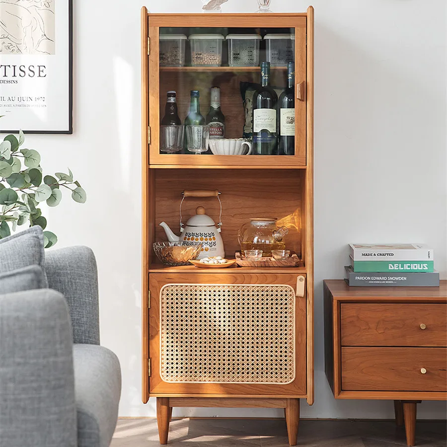 

Peanut high cabinet Nordic solid wood storage locker Small apartment living room wall cabinet Household storage side cabinet