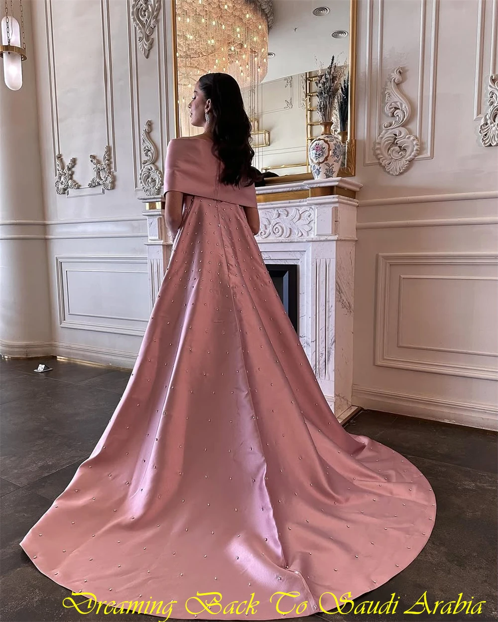 Customized Classic Pink Satin Evening Dress Formal V-Neck Off the Shoulder Party Dress Graceful A-Line Court Train Prom Dresses