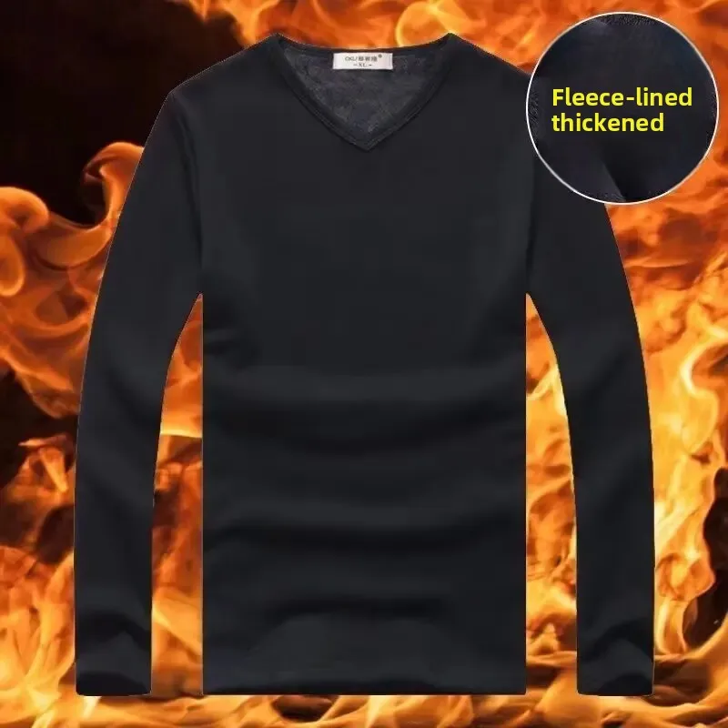 

Men's Long Sleeve Fleece Lined Thermal Underwear T-shirt V-Neck Base Layer Shirt Fashionable Casual Cotton Tee for Autumn Winter