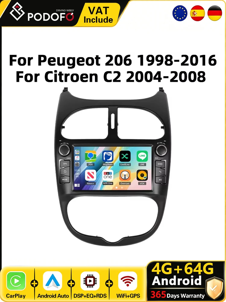 Podofo 7-Zoll CarPlay Android Autoradio für Peugeot 206 1998-2016 Citroen C2 2004-2008 Auto-Multimedia-Player 2din GPS Stereo Auto-Intelligentes System RDS Autoradio Auto-Navigation