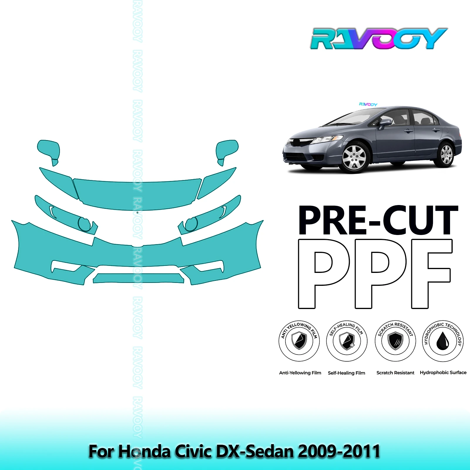 

8.5Mil Precut Paint Protection Film PPF Clear Bra Front Kit For Honda Civic DX-Sedan 2009-2011