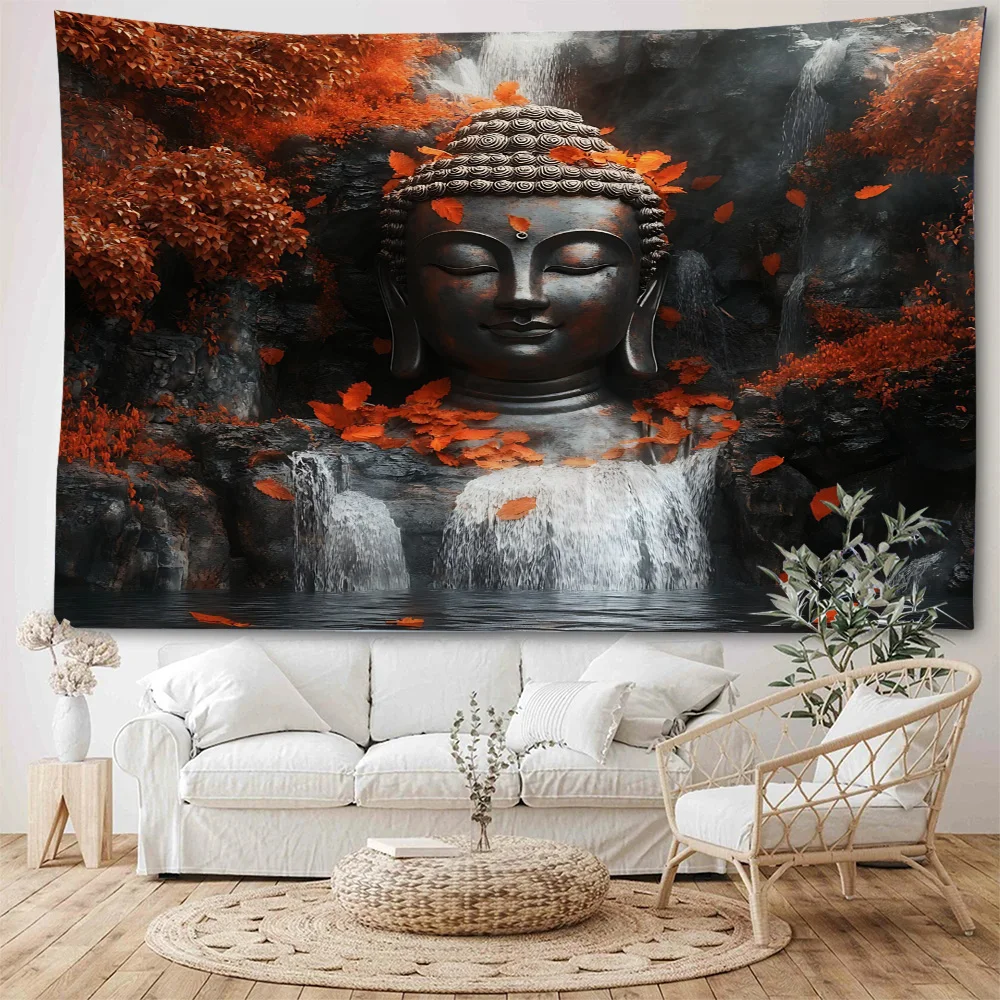 Buddha Head Buddha statue next to Maple Leaf Waterfall, Lotus Buddha statue background decoration, Tapestry home decoration