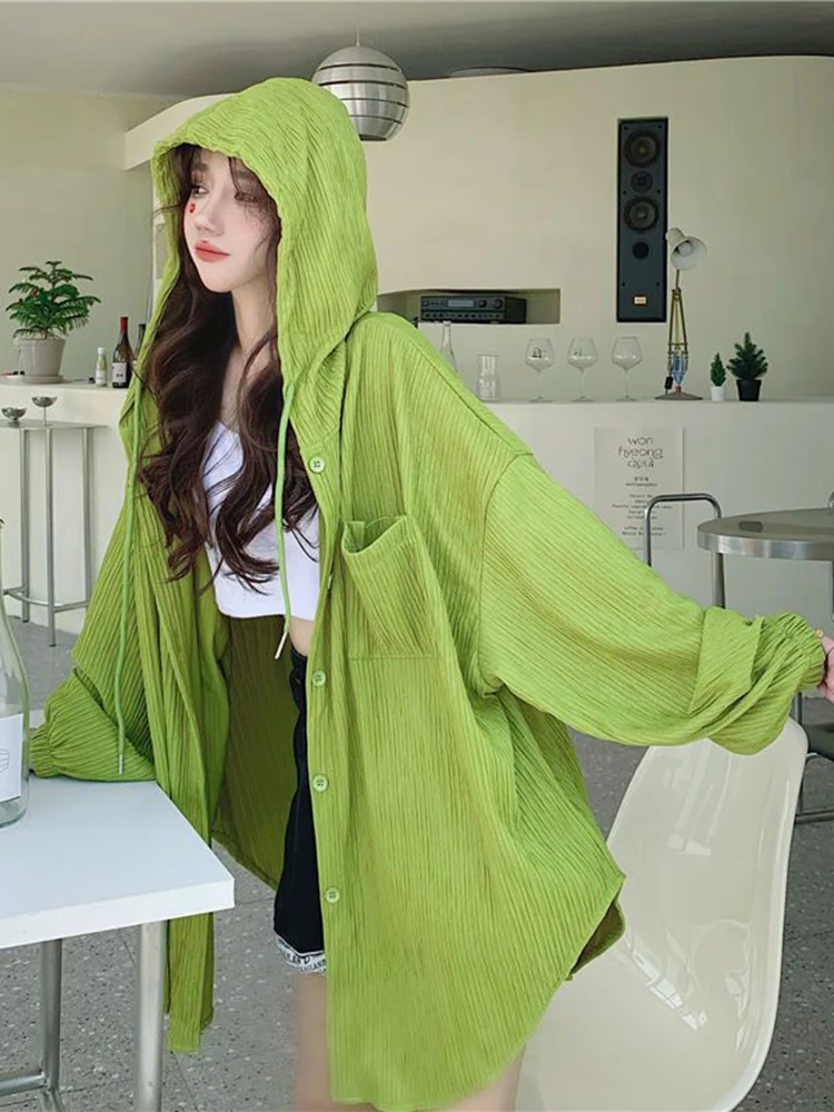 Zoki Lazy Wind Oversize Sun-Proof Shirt Women Casual Korean Hoodies Tops Long Sleeve Loose Preppy Style Summer Blouse Coats New