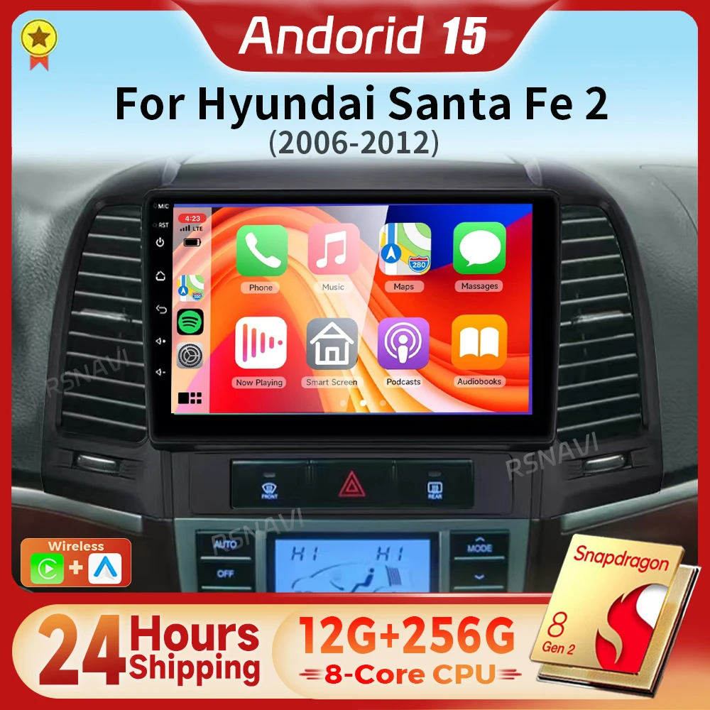 Android 15 Carplay Auto 2K Screen Car Radio Multimedia Player For Hyundai Santa Fe 2 2006-2012 Autoradio Stereo 24-hour shipping