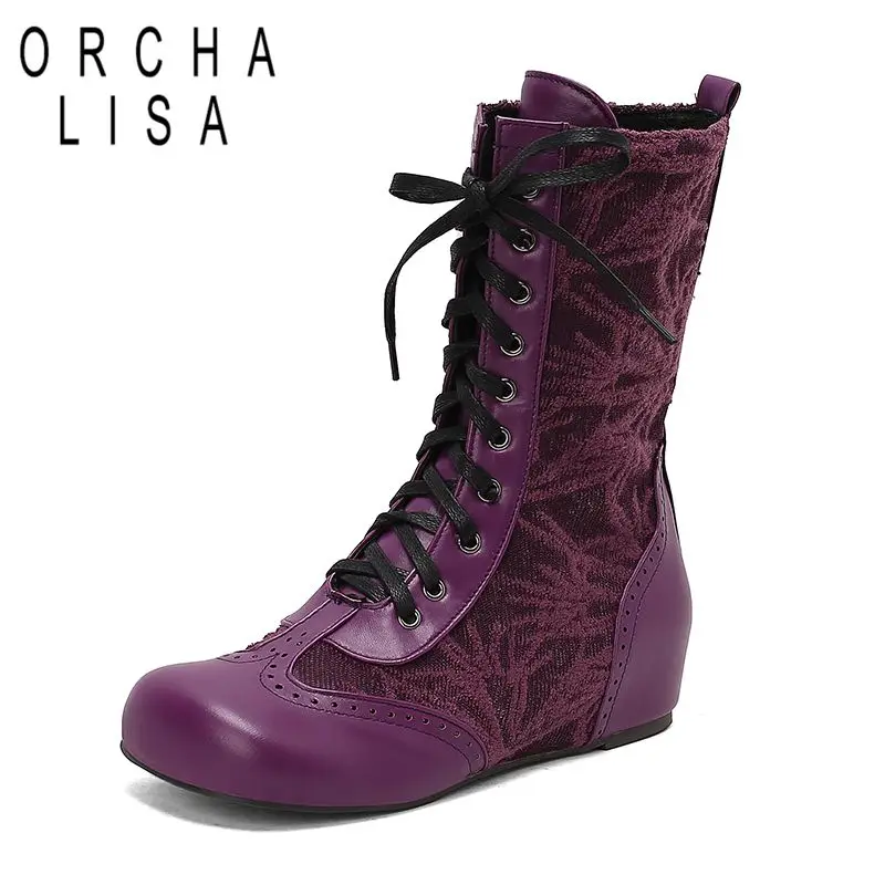 ORCHA LISA 2025 Retro Female Mid Calf Boots Round Toe Wedges 5cm Lace Up Mixed Color Large Size 47 48 49 50 Fashion Dating Bota