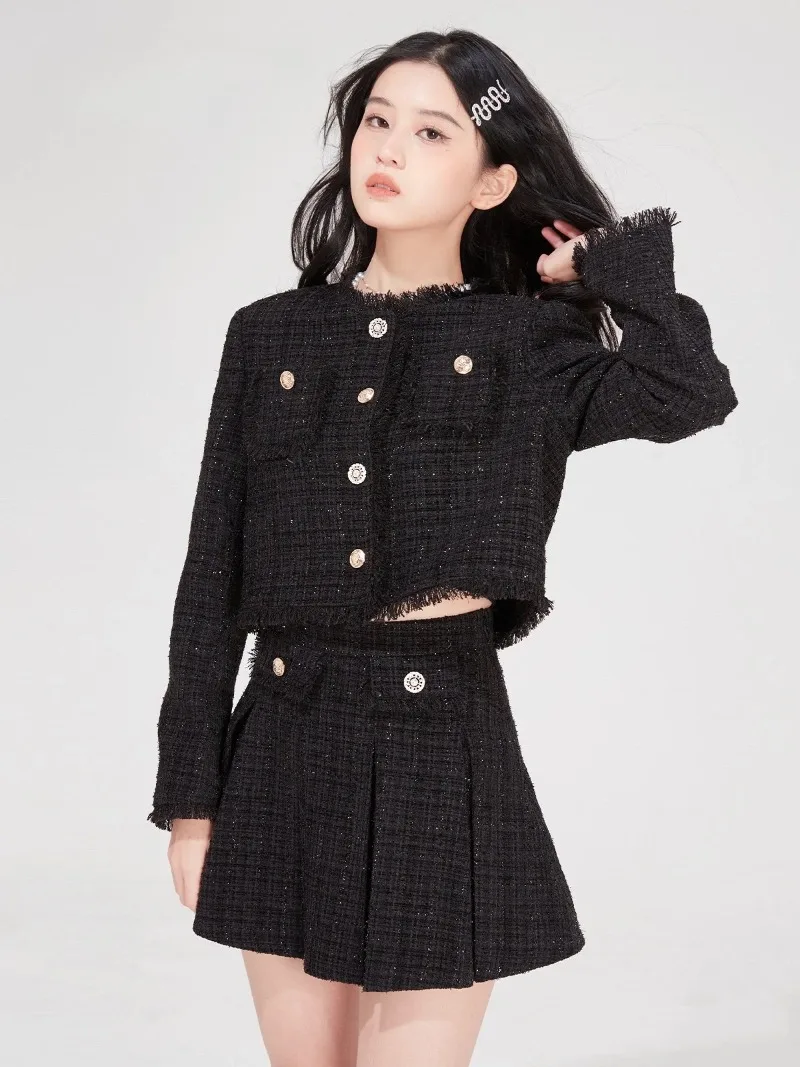 

Sweet Hot Girl Pure Sexy Suit Women's Spring Tassel Tweed Coat High-waisted Mini Skirt Two-piece Set Fashion Female Clothes