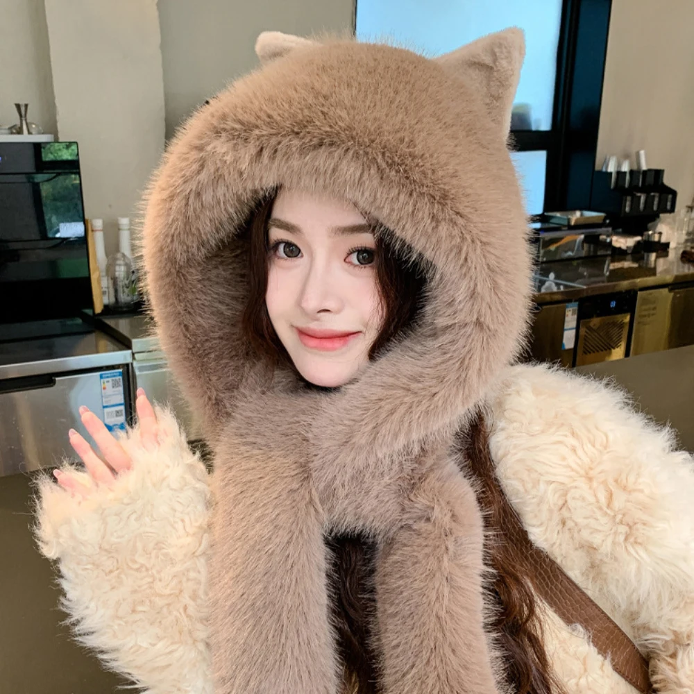 

HT4565 Thick Warm Winter Hat Scarf Set Women Solid Plain Fluffy Fur Hat with Long Scarf Ladies Big Bow Russian Hat Earflap Cap