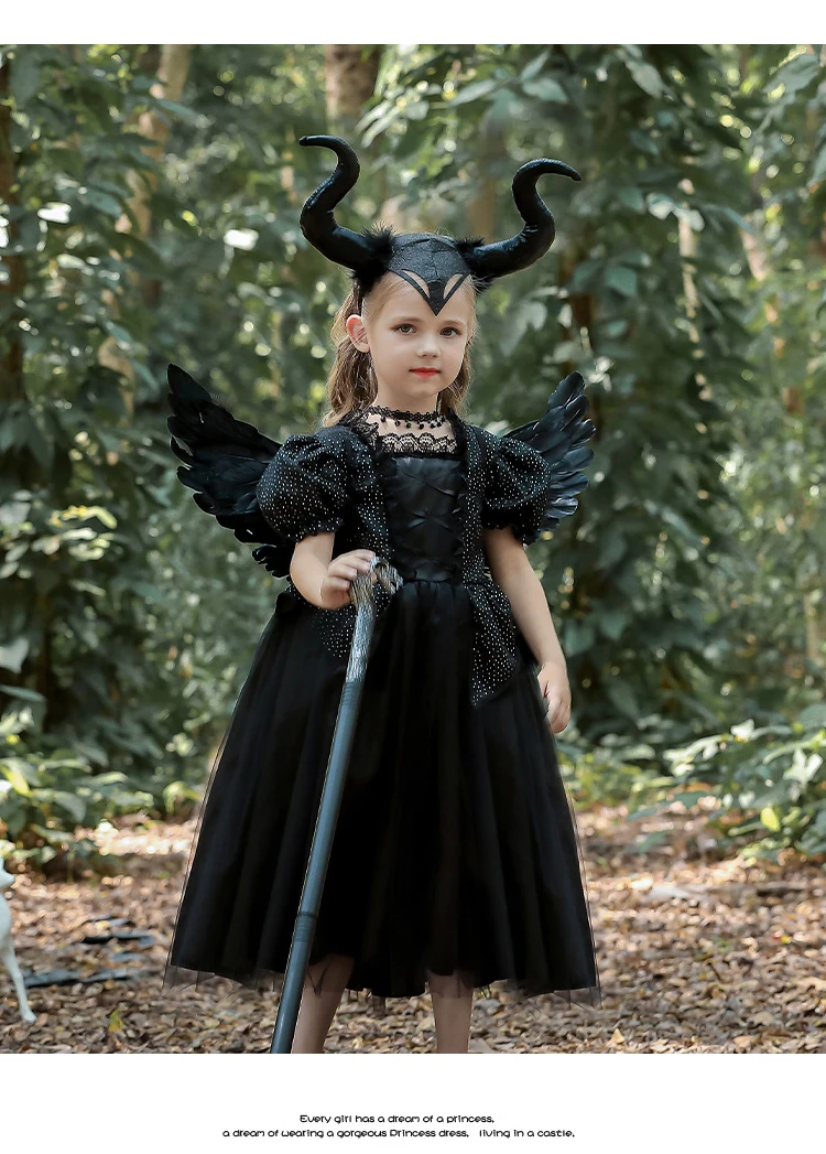 Maleficent-Kostümset für Kinder, Mädchen-Böse-Königin-Outfit, Deluxe Schwarzes Tüllkleid mit Accessoires für Karnevalsparty und Rollenspiel – Detail 4