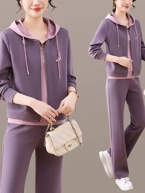 

Spring Autumn Hooded Two-Piece Set Faionable Midlife Mom Clothes Brand Women's Clothing High Waist Long Pants Korean Sle