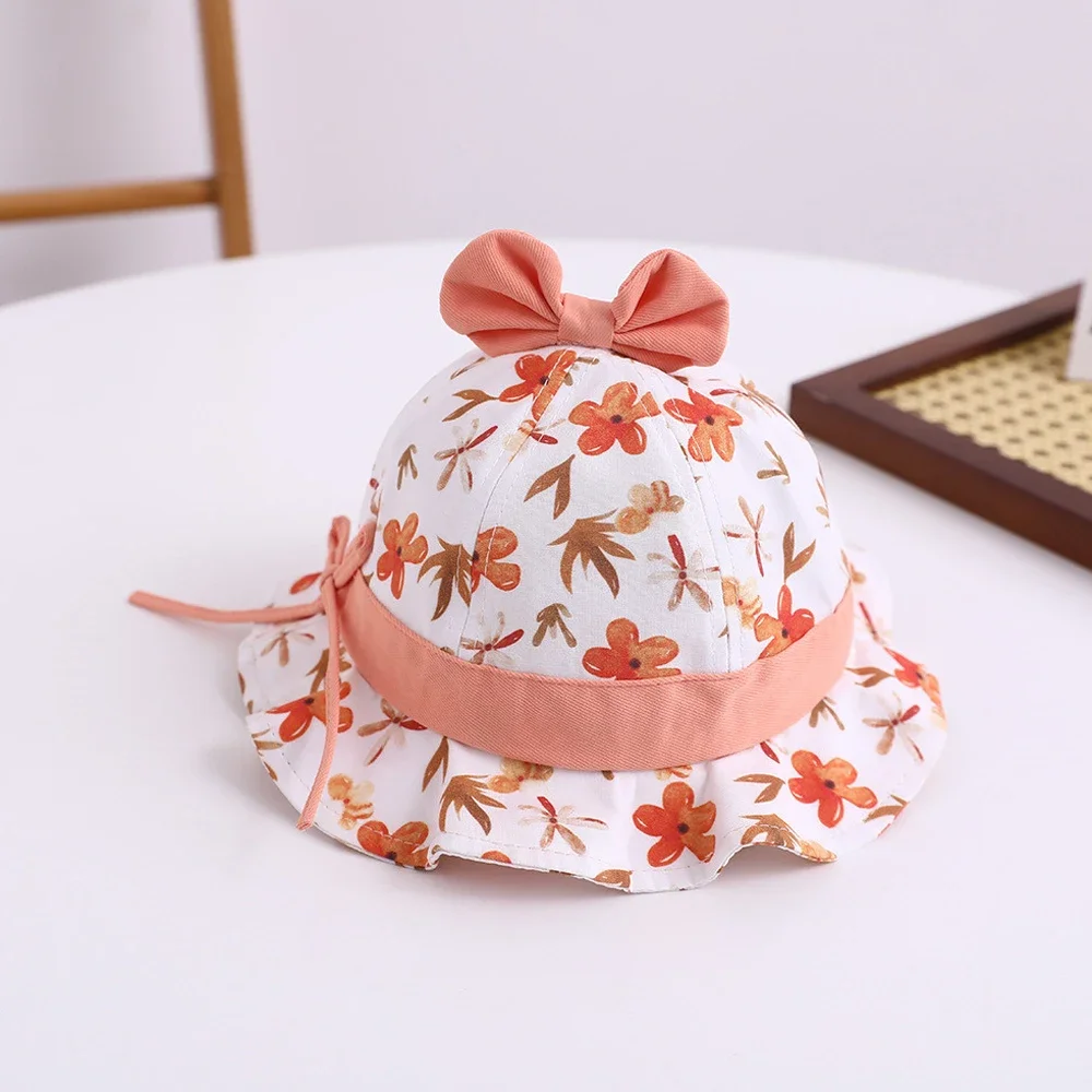 Baby's Flower Printed Sun Hat, Girl's Wave Edge Bowtie Cotton Cap, Child Wave Brim Sunshade Hat, Little, New, 6-24 Months, 2025