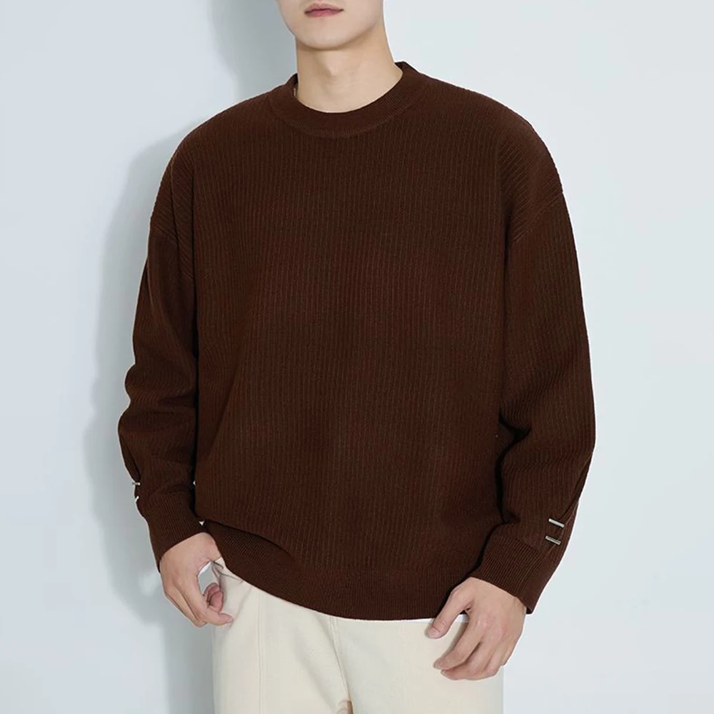 

Mens Y2k Long-Sleeved Round Neck Sweater Autumn And Winter New Lazy Style Knitted Sweater Bottom Simple Inner Wear Warm Tops Men