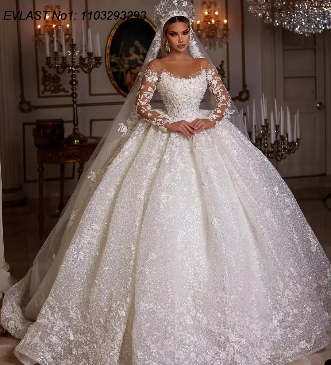 

EVLAST Customized Luxury Wedding Dress Long Sleeves Sequins Beaded Scoop Appliques Glitter Bride Gowns Vestido de Noiva TBD30