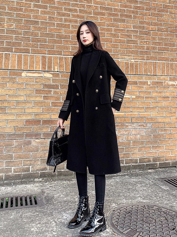 

Осенне-зимнее новое женское пальто, модное двустороннее кашемировое шерстяное пальто средней длины с завязкой на талии