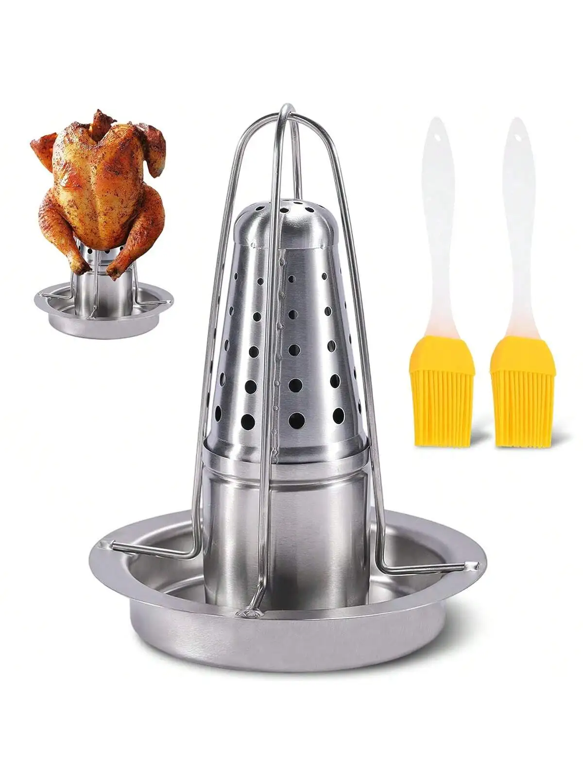 Soporte para latas de cerveza y pollo con 2 cepillos para aceite, soporte para asador de pollos de acero inoxidable, soporte de bandeja extraíble para parrilla de barbacoa para parrilla,